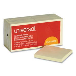 Universal Self-Stick Note Pads, 3 x 3, Yellow, 100-Sheet, 12-Pack