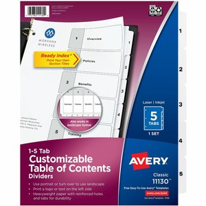 Avery Ready Index 5 Tab Dividers, Customizable TOC, 1 Set (11130) - AVE11130 - Shoplet.com
