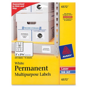 Avery Permanent ID Labels 6572 - 2" X 2-5/8" - White - Inkjet/Laser - 225 Labels Per Pack