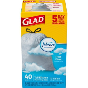 Glad OdorShield Tall Kitchen Drawstring Trash Bags - Febreze Lemon Scent -  13 Gallon - Pack of 40 (Packaging May Vary)