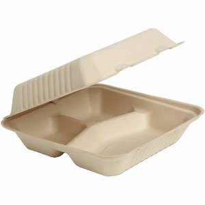 BluTable 39 oz 3-Compartment Portable Clamshell Containers - Food - Natural - Molded Fiber, Sugarcane Fiber Body - 200 / Carton BluTable 39 oz 3-Compartment Portable Clamshell Containers - Food - Natural - Molded Fiber, Sugarcane Fiber Body - 200 / Carton