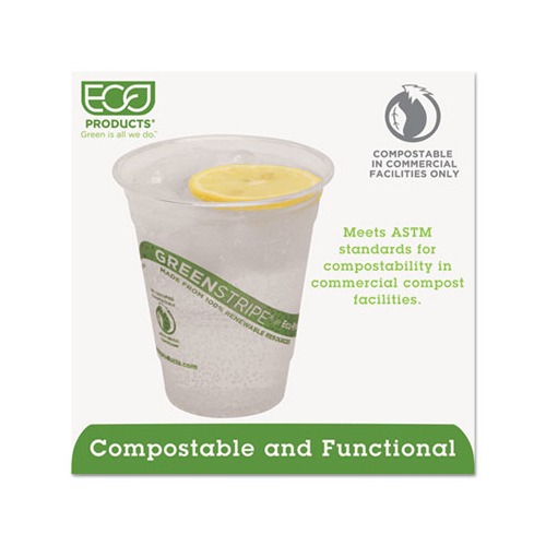 12 oz. Compostable PLA Cold Beverage Cup - Green Stripe (Clear