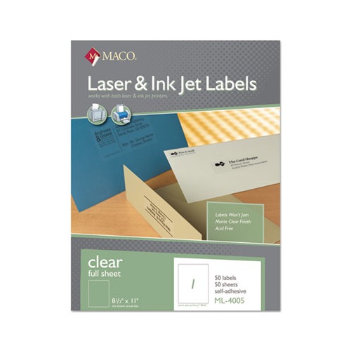 Maco Laser/Inkjet Matte Clear Full Sheet Labels MACML4005