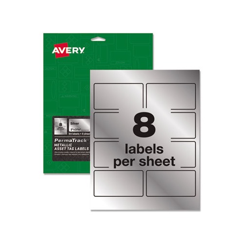 PermaTrack Metallic Asset Tag Labels, Laser Printers, 2 x 3.75, Silver, 8/Sheet, 8 Sheets/Pack