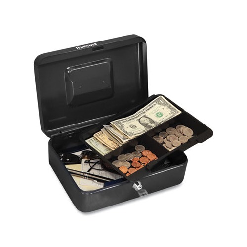 Cash Management Box, Removable Cash Tray, 7.9 x 6.5 x 3.5, Steel, Black