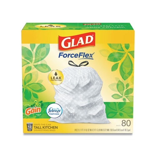 Glad ForceFlex 13 Gallon Tall Kitchen Drawstring Trash Bags, White