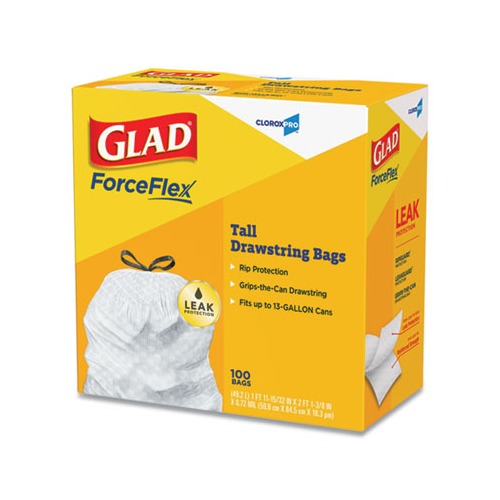 Glad Tall Kitchen Drawstring Trash Bags, 13 gal, 0.72 mil, 24 x 27.38,  Gray, 100/Box (78526)