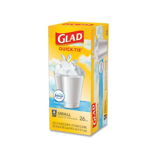 Glad Odorshield Quick-Tie Small Trash Bags, 4 Gal, 0.5 Mil, 8 X 18,  White, 156/Carton - CLO78812