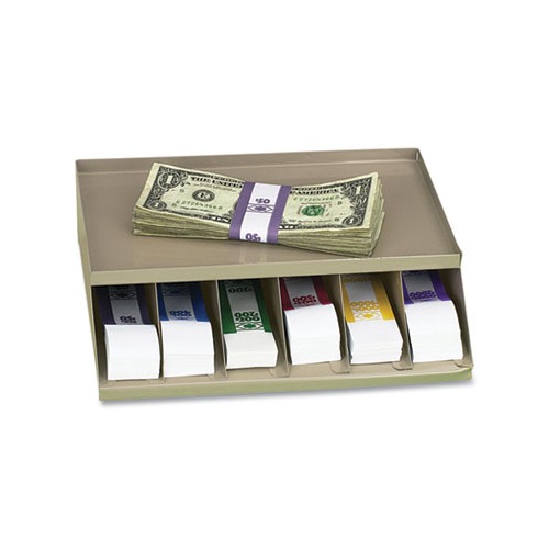 Coin Wrapper and Bill Strap Single-Tier Rack, 6 Compartments, 10 x 8.5 x 3, Steel, Pebble Beige