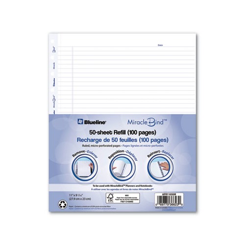 MiracleBind Ruled Paper Refill Sheets for all MiracleBind Notebooks and Planners, 11 x 9.06, White/Blue Sheets, Undated