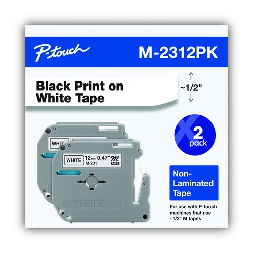 2 Pack Brother M-231 Genuine Label Cassette – Black Print On White Tape, 1/2 Inch