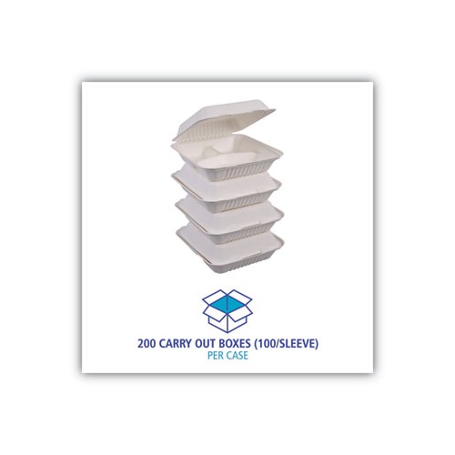 Boardwalk - BWKHINGEWF3CM9 - Bagasse Molded Fiber Food Containers, Hinged-Lid, 3-Compartment 9 x 9, White, 100/Sleeve, 2 Sleeves/Carton