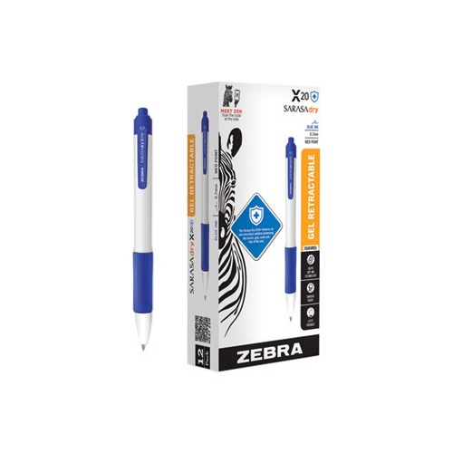 Zebra SARASA dry X20 Retractable Gel Pen - Medium Pen Point - 0.7 mm Pen  Point Size - Retractable - Blue Gel-based Ink - Plastic Barrel - 14 / Pack