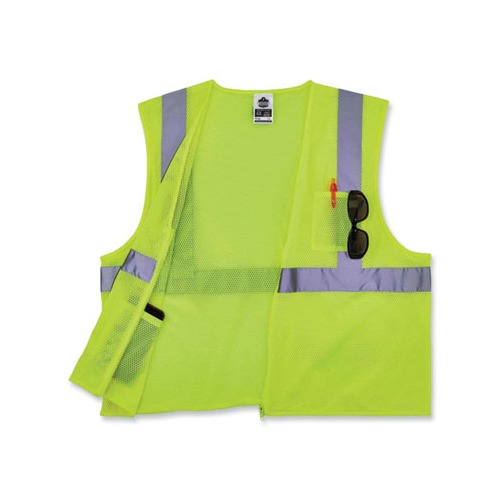 GloWear 8256Z Class 2 Self-Extinguishing Zipper Vest, Polyester, 2X-Large/3X-Large, Lime, Ships in 1-3 Business Days
