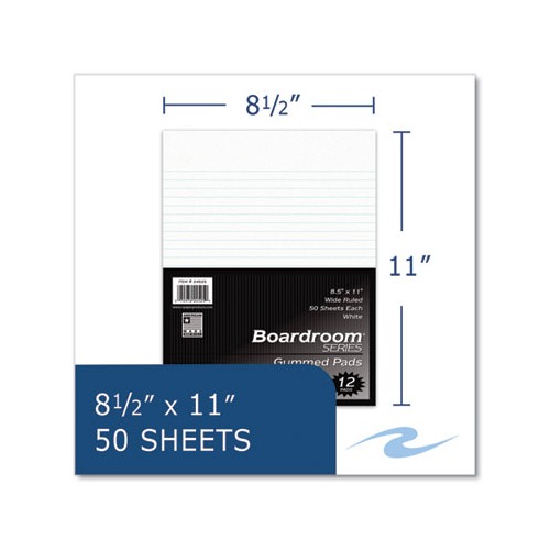 Boardroom Gummed Pad, Wide Rule, 50 White 8.5 x 11 Sheets, 72/Carton, Ships in 4-6 Business Days Boardroom Gummed Pad, Wide Rule, 50 White 8.5 x 11 Sheets, 72/Carton, Ships in 4-6 Business Days