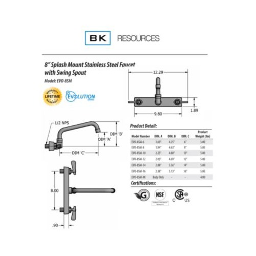 Evolution Splash Mount Stainless Steel Faucet, 4.88