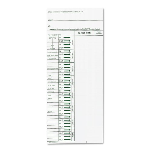 Acroprint Time Card for Model ATT310 Electronic Totalizing Time