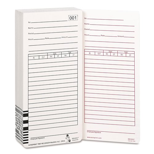 Acroprint Time Card for Es1000 Electronic Totalizing Payroll Recorder