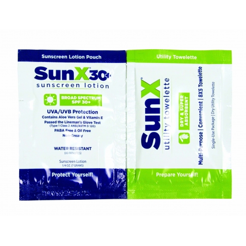 CoreTex SunX SPF 30+ Sunscreen, Single Use Lotion/Towelettes in Wallmount Dispenser Box
