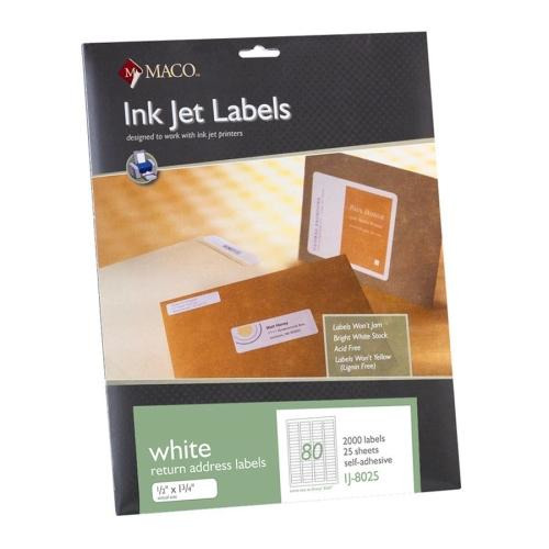 Maco tag & label Ink Jet Labels, Return Address, 1/2"x13/4", White MACIJ8025