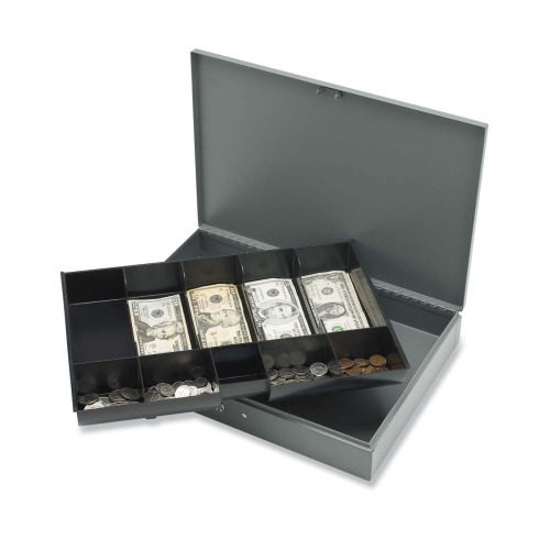 Sparco All-Steel Locking Cash Box with Tray - 5 Bill - 5 Coin - Steel - Gray - 2