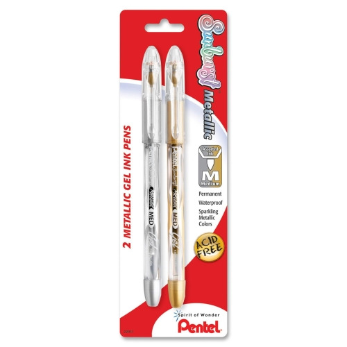 Pentel Arts Pentel Sunburst Metallic Color Permanent Gel Pens - Medium Pen Point - 0.8 mm Pen Point Size - Refillable - Gold, Silver Gel-based Ink - 2 / Pack