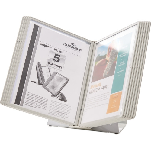 DURABLE VARIO Antimicrobial Desktop Reference Display System - Desktop - 10 Double Sided Panels - Letter Size - Antimicrobial Polypropylene Sleeves - Anti-Reflective/Non-Glare - Gray