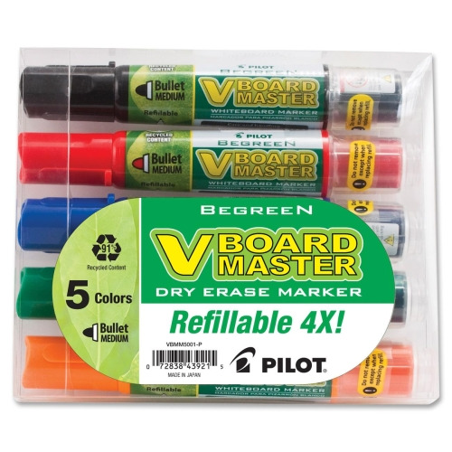 Pilot BeGreen VBoard Master Medium Bullet Marker - Medium Marker Point - Bullet Marker Point Style - Refillable - 5 / Pack