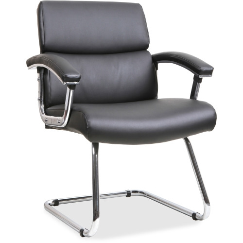 Lorell Padded Arm Guest Chair - Black Bonded Leather Seat - Black Back - Sled Base - Black - Leather - 1 Each