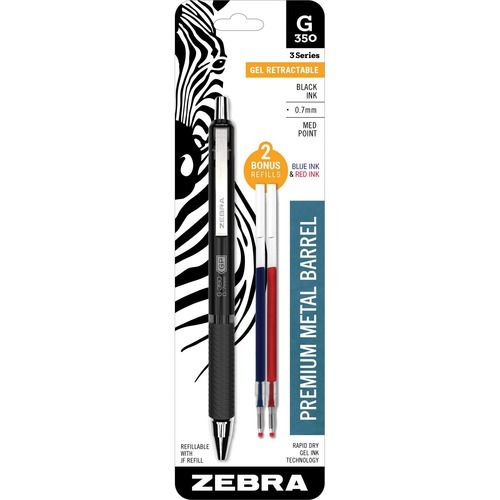 Zebra Gr8 Gel Gel Pens, Black Ink, Retractable, Medium Point (0.7 mm) - 2 pens