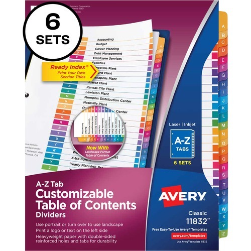 Avery A-Z Customizable Multicolor TOC Dividers - 156 x Divider(s) - A-Z, Table of Contents - 26 Tab(s)/Set - 8.5