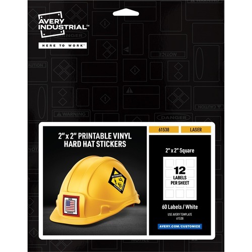 Avery Printable Hard Hat/Helmet Vinyl Stickers - Square Shape - Full-Bleed Design - Printable, Water Proof, Fade Resistant, UV Coated, Permanent Adhesive, Water Resistant, Durable, Chemical Resistant, Abrasion Resistant - 2