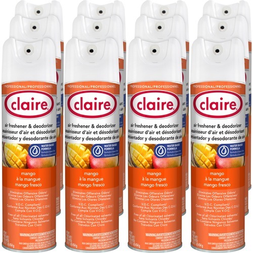 Claire Water-Based Air Freshener - Spray - 16 oz - Mango - 12 / Dozen - Residue-free, Non-staining, Ozone-safe, Odor Neutralizer, Recyclable Claire Water-Based Air Freshener - Spray - 16 oz - Mango - 12 / Dozen - Residue-free, Non-staining, Ozone-safe, Odor Neutralizer, Recyclable