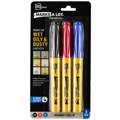 Avery UltraDuty Markers, Chisel Tip, 3 Assorted Markers (29864) - Bold, Narrow Marker Point - 1 mm Marker Point Size - Chisel Marker Point Style - Black, Red, Blue - Polyester Tip - 3 Pack