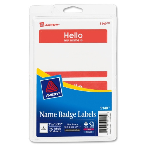 Avery Name Tags, Red "Hello" , 21/3" x 33/8" , 100 Tags (5140