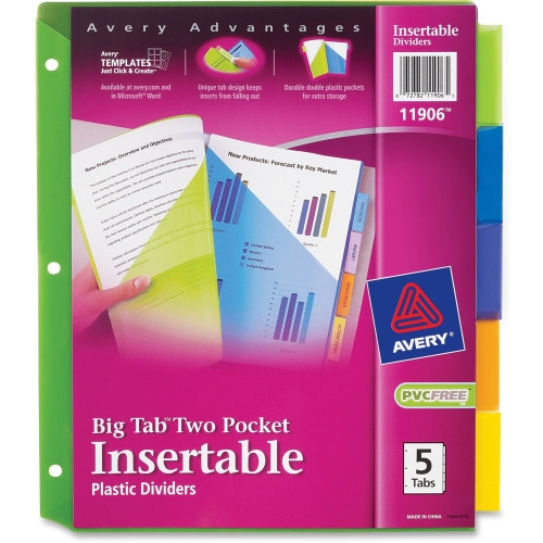 7708 Insertable Clear Big Tabs Assorted Designs 1 Set Avery 5-Tab Plastic Binder Dividers with Pockets 