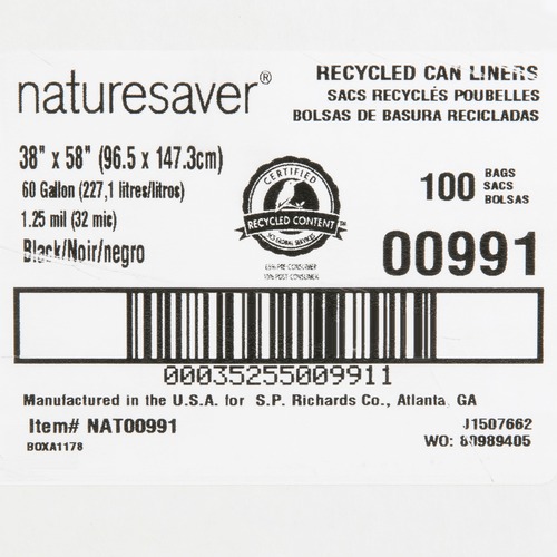 Nature Saver Black Low-density Recycled Can Liners - Extra Large Size - 60  gal Capacity - 38 Width x 58 Length - 1.25 mil (32 Micron) Thickness -  Low Density - Black - Plastic - 100/Carton - Cleaning Supplies - Recycled