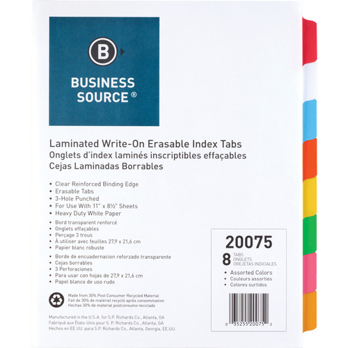 Business Source Laminated Write-On Tab Indexes - 8 Write-on Tab(s) - 8 Tab(s)/Set - 11 Business Source Laminated Write-On Tab Indexes - 8 Write-on Tab(s) - 8 Tab(s)/Set - 11