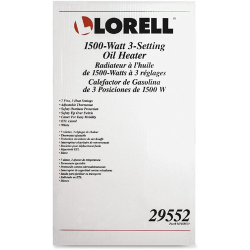 Lorell 3-Setting Oil-Filled Heater - Oil Filled - Electric - 1500 W - 3 x Heat Settings - White