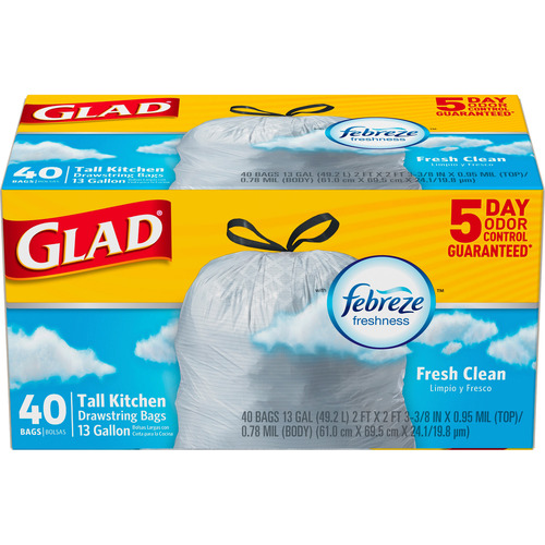 Glad ForceFlexPlus Tall Kitchen Drawstring Trash Bags Gain + Febreze 13 Gal  90ct