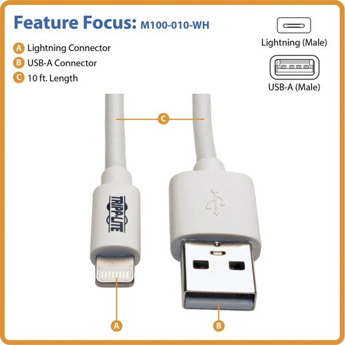 Tripp Lite Lightning to USB C Sync Charging Cable Apple iPhone iPad 3ft 3  First End 1 x 8 pin Lightning Male Proprietary Connector Second End 1 x  Type C Male USB