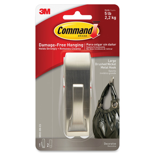 Command Large Modern Reflections Hook - 5 lb (2.27 kg) Capacity - for Painted Surface, Wood, Tile - Metal - Brushed Nickel - 1 / Pack