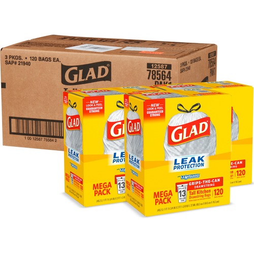 Glad ForceFlex Tall Kitchen Drawstring Trash Bags, 13 Gallon, Unscented, 120 Count.