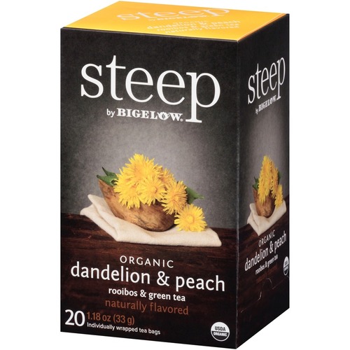 Bigelow Organic Dandelion & Peach Rooibos & Green Tea Herbal Tea, Green Tea Bag - 1.2 oz - 20 Teabag - 20 / Box