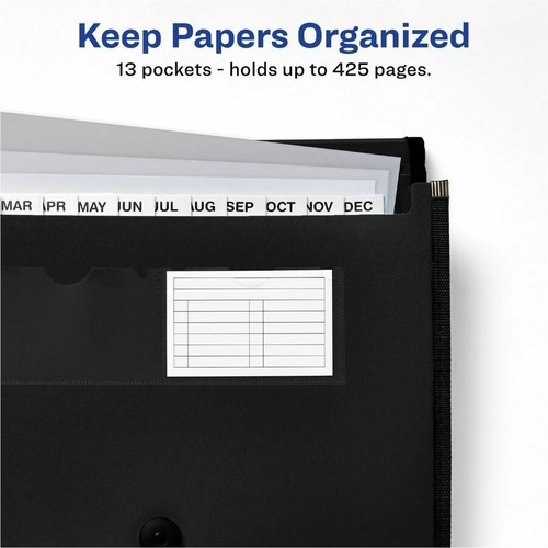 Avery Letter, A4 Recycled Expanding File - 425 Sheet Capacity - 13 Pocket(s) - Polypropylene, Plastic, Fabric - Black - 100% Recycled