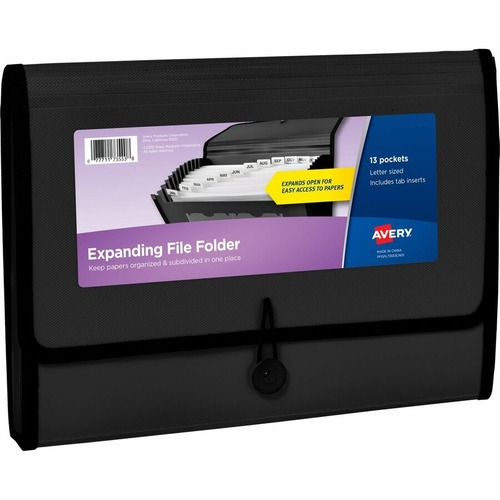 Avery Letter, A4 Recycled Expanding File - 425 Sheet Capacity - 13 Pocket(s) - Polypropylene, Plastic, Fabric - Black - 100% Recycled