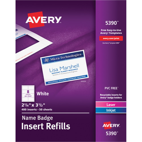 Avery Name Badge Insert Refills, 2-1/4 x 3-1/2 , 400 Inserts (5390) -  AVE5390 