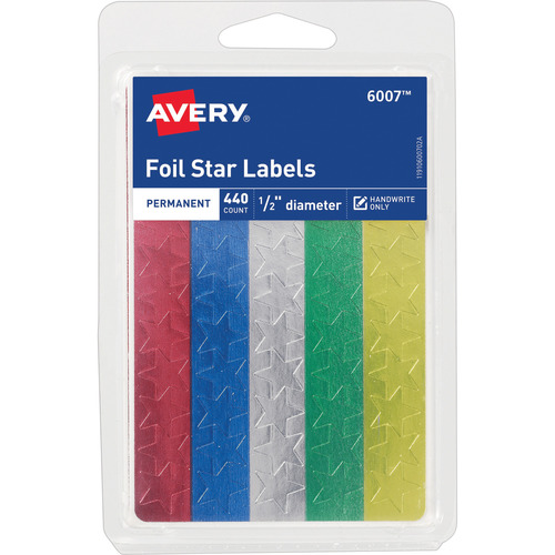 Avery Assorted Foil Star Labels - Learning Theme/Subject - Star Shape - Permanent Adhesive - 0.50