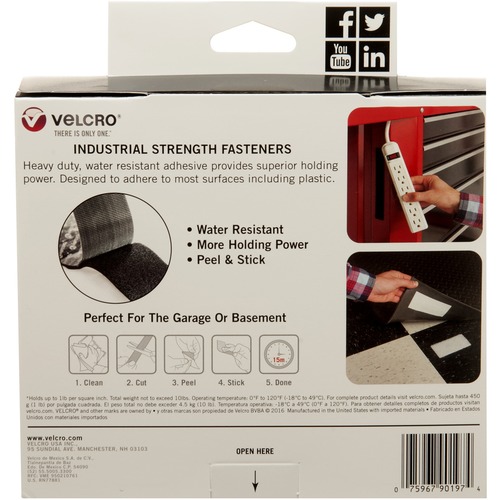 VELCRO Brand Industrial Strength Tape, 15ft x 2in Roll, Black - VEK90197 