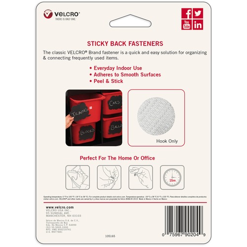 Velcro Brand Sticky Back Circles, 5/8in Circles, White, 100ct - VEK90204 